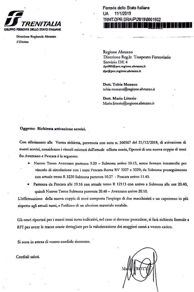 Copia lettera di Trenitalia